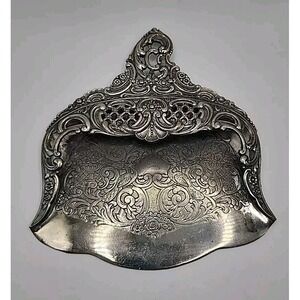 Vintage Ornate Victorian Silver Tone Crumb Dustpan Butler Tray Floral Bird Gift